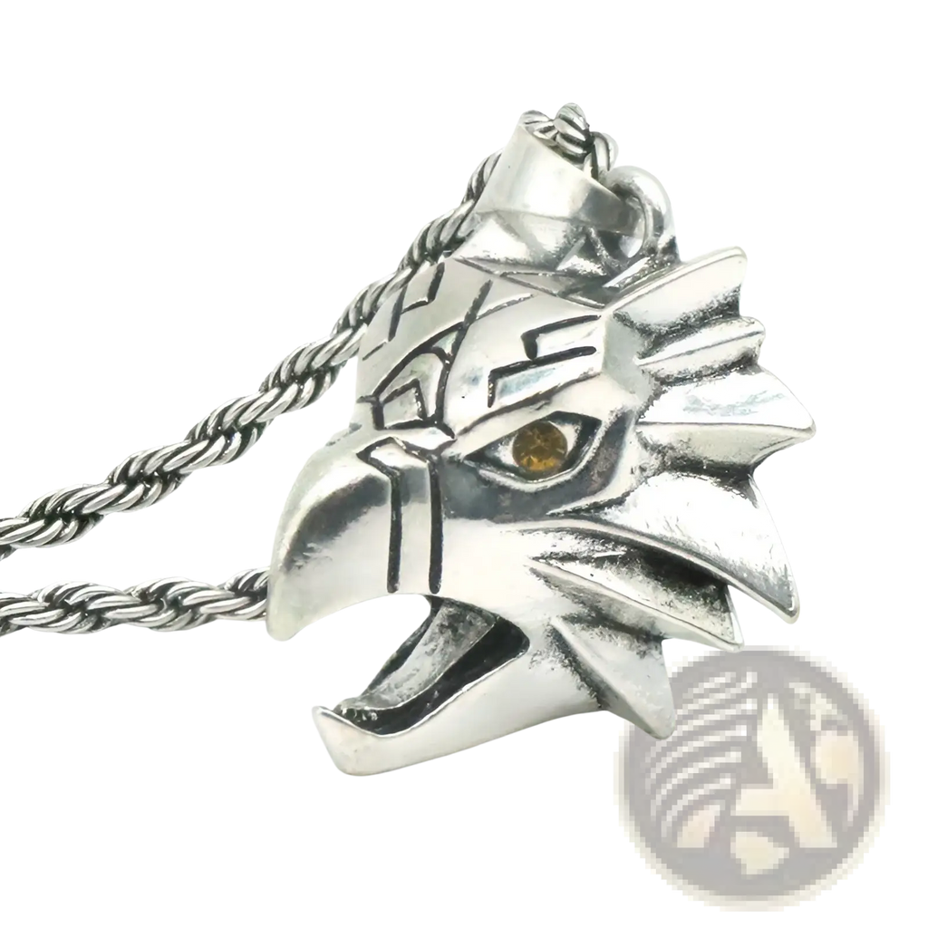 Silver eagle head pendant chain necklace with yellow gemstone eye and textured spiky geometric wild game design