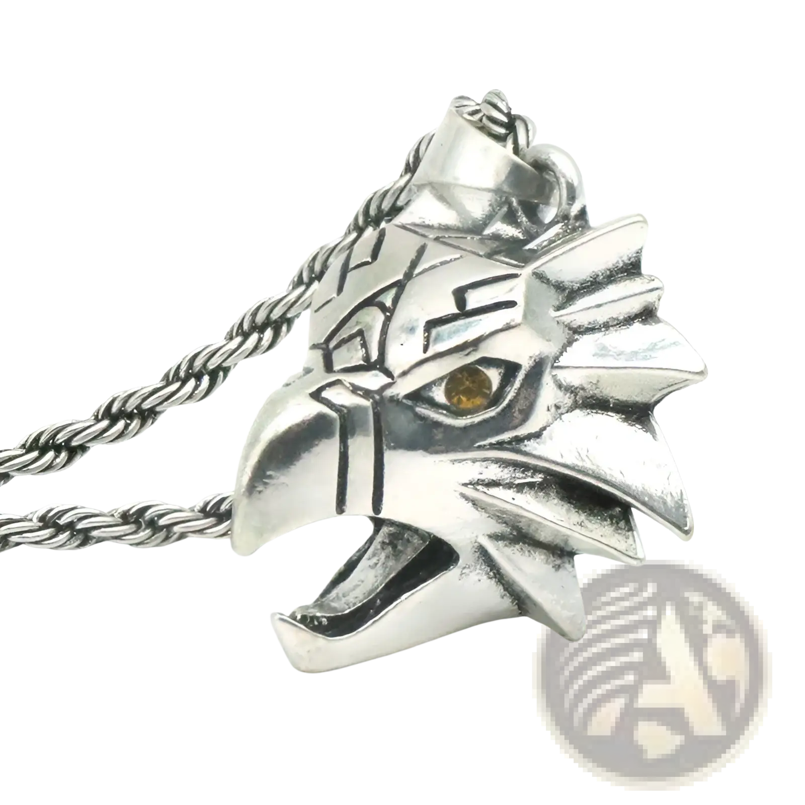 Silver eagle head pendant chain necklace with yellow gemstone eye and textured spiky geometric wild game design