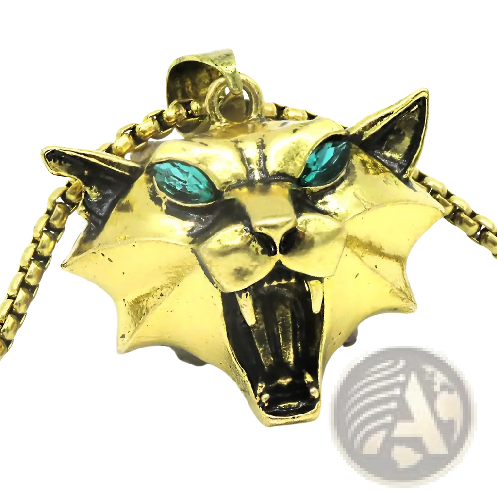 Geometric wild game animal pendant chain necklace featuring a gold panther head with teal gemstone eyes and black enamel