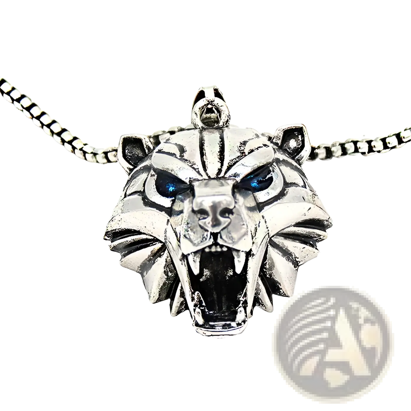 Silver tiger head pendant necklace with blue inlaid eyes and fierce textured design in geometric wild game style
