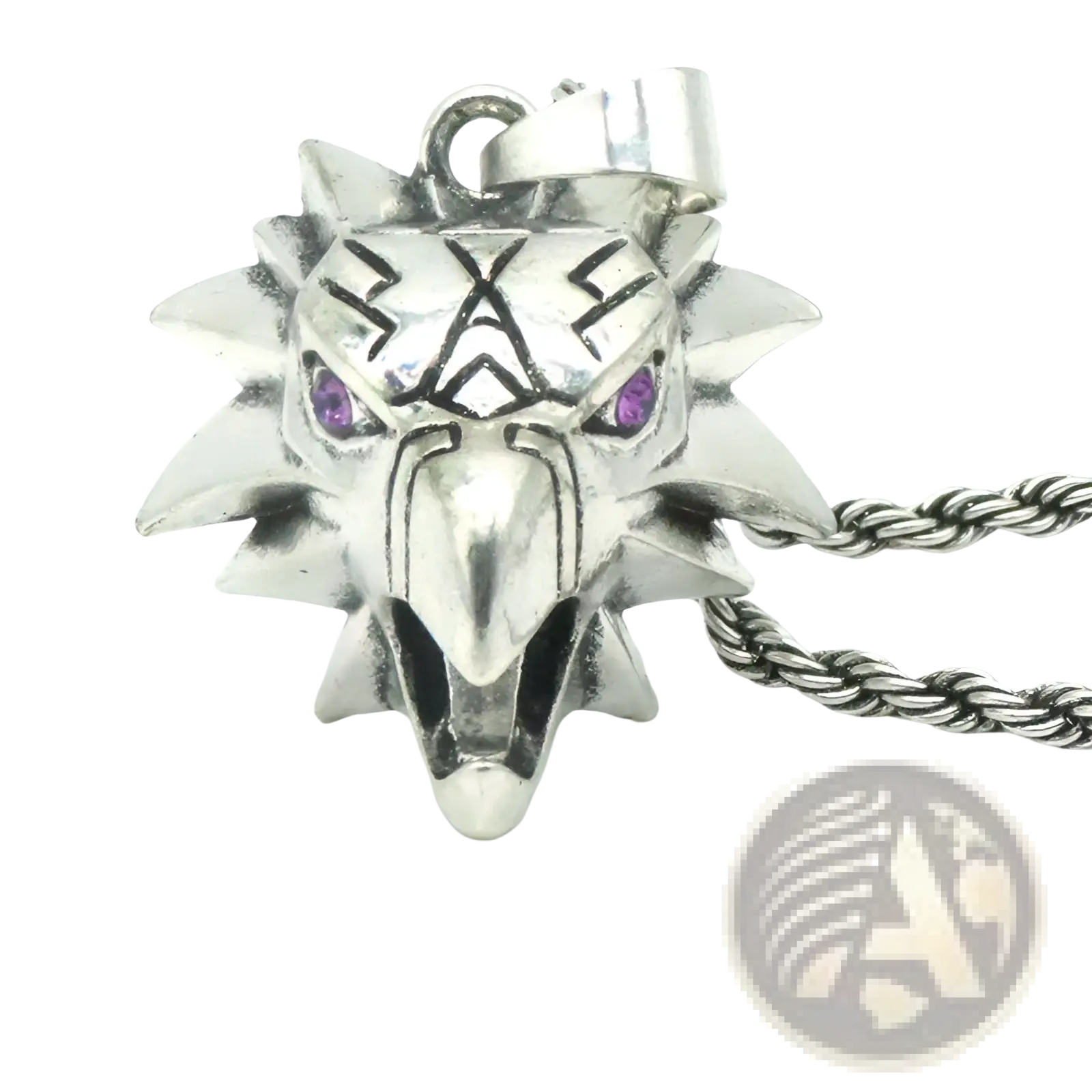 Silver wolf head pendant necklace with purple gemstone eyes and spiked mane on twisted metal chain geometric wild game design