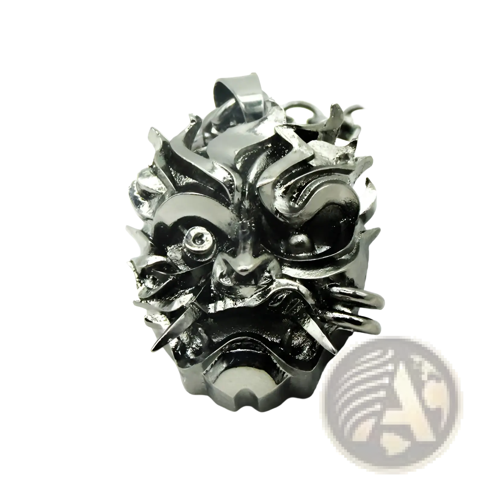 Geometric wild game animal pendant chain necklace with a dark metallic intricately carved demonic face