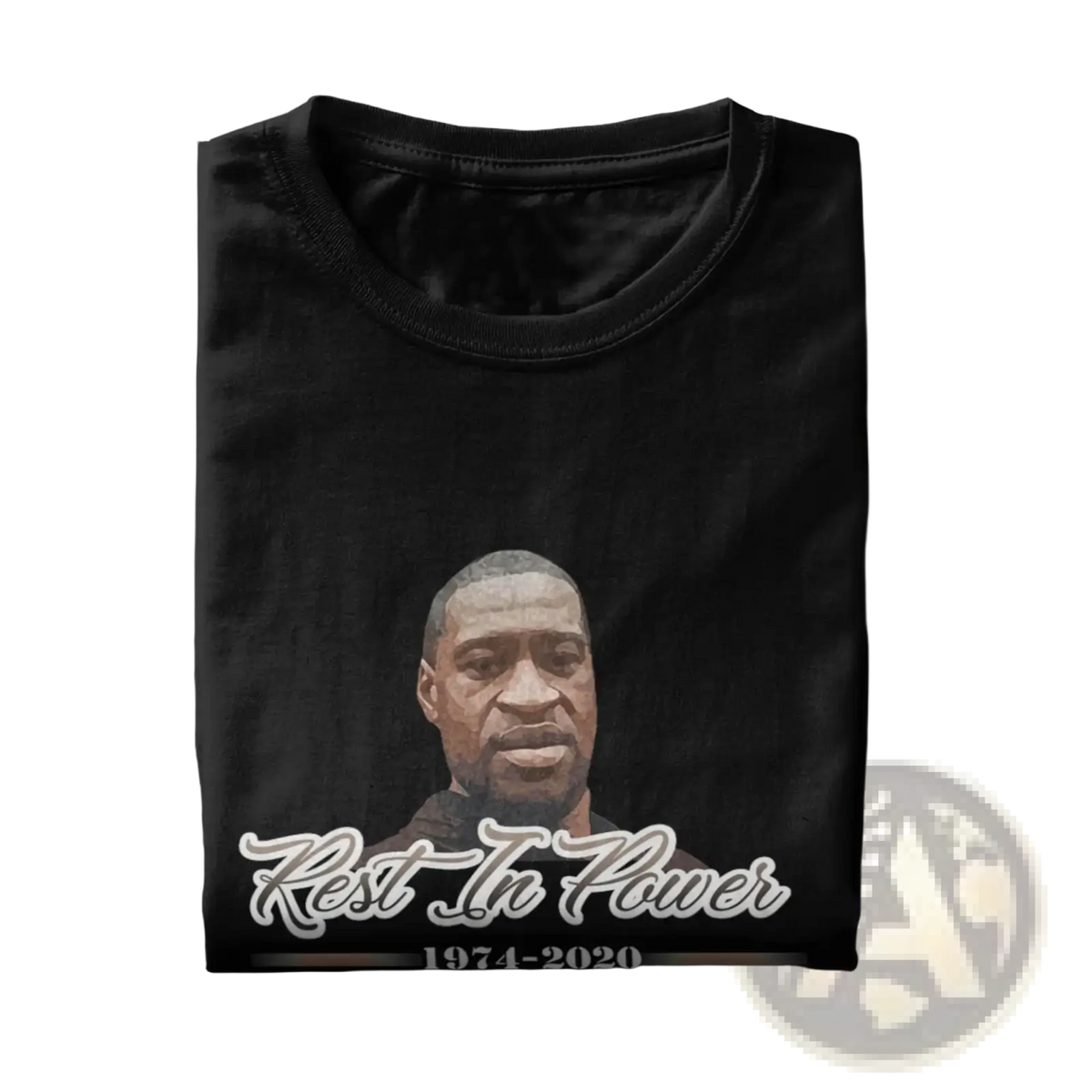 Black cotton george floyd memorial t-shirt with pixelated portrait and rest in power 1974-2020 text printed below