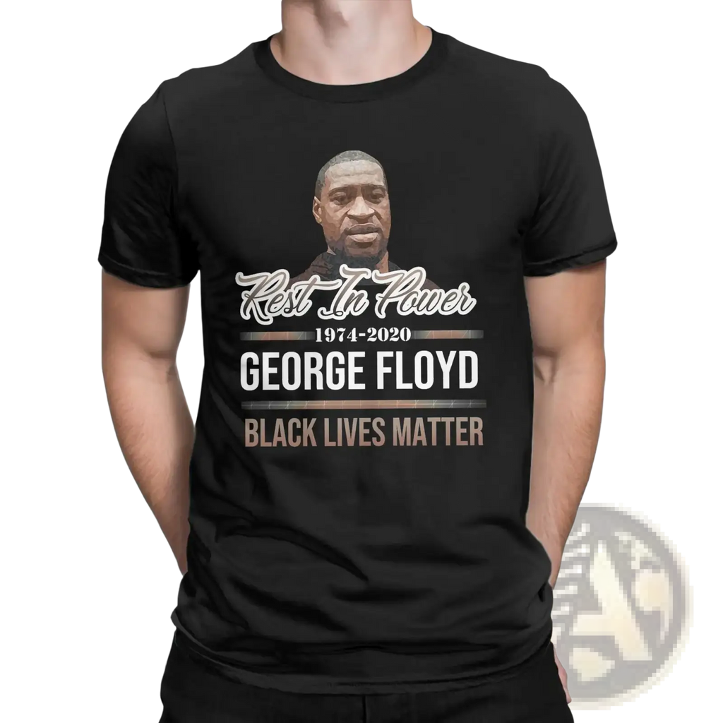 Black cotton t-shirt featuring george floyd portrait with rest in power 1974-2020 and black lives matter print