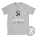 Heather gray cotton t-shirt with george floyd portrait and rest in power 1971-2020 black lives matter text