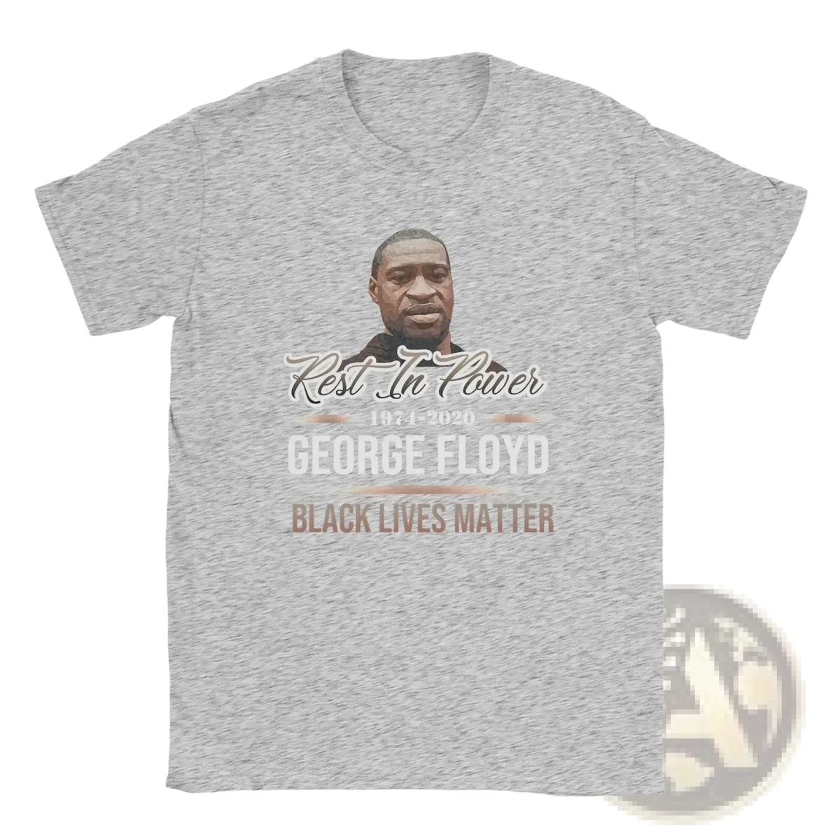 Heather gray cotton t-shirt with george floyd portrait and rest in power 1971-2020 black lives matter text