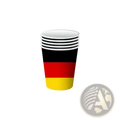 Stack of disposable paper cups with black red and gold stripes of the German flag for party tableware set