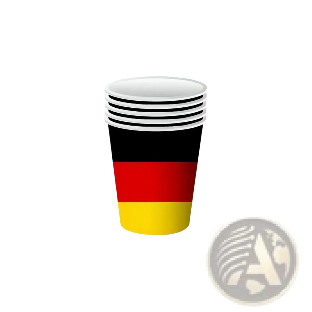 Stack of disposable paper cups with black red and gold stripes of the German flag for party tableware set