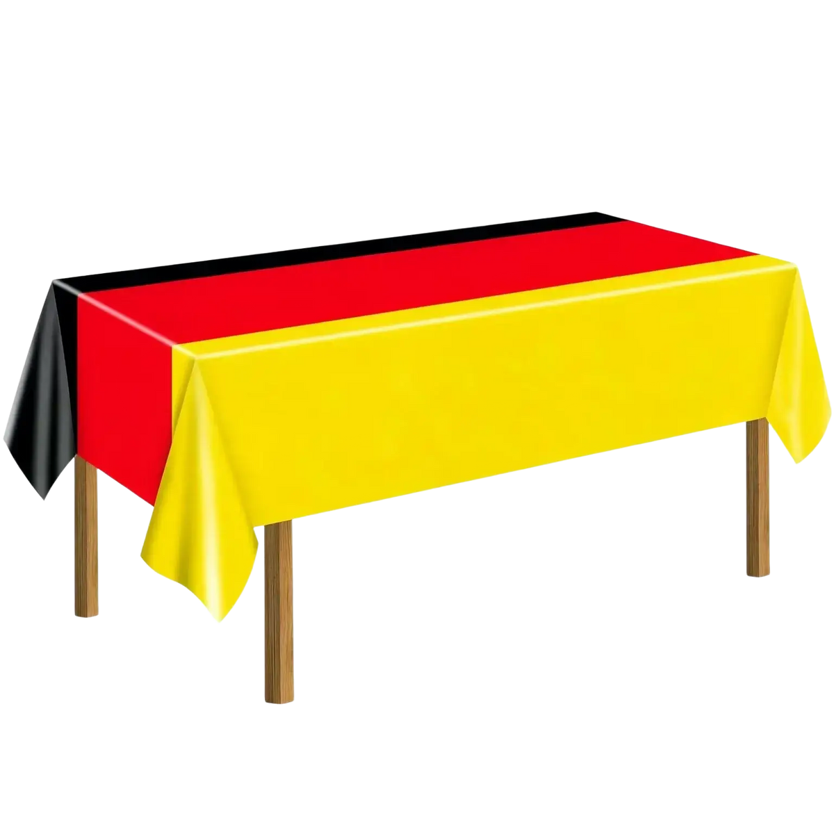 A shiny glossy plastic tablecloth with bold black red and yellow german flag stripes for disposable party use