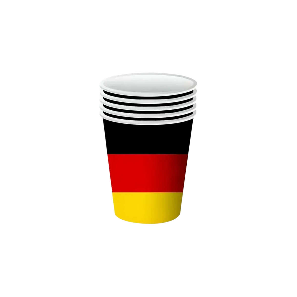 Stack of disposable paper cups with black red and gold stripes of the German flag for party tableware set