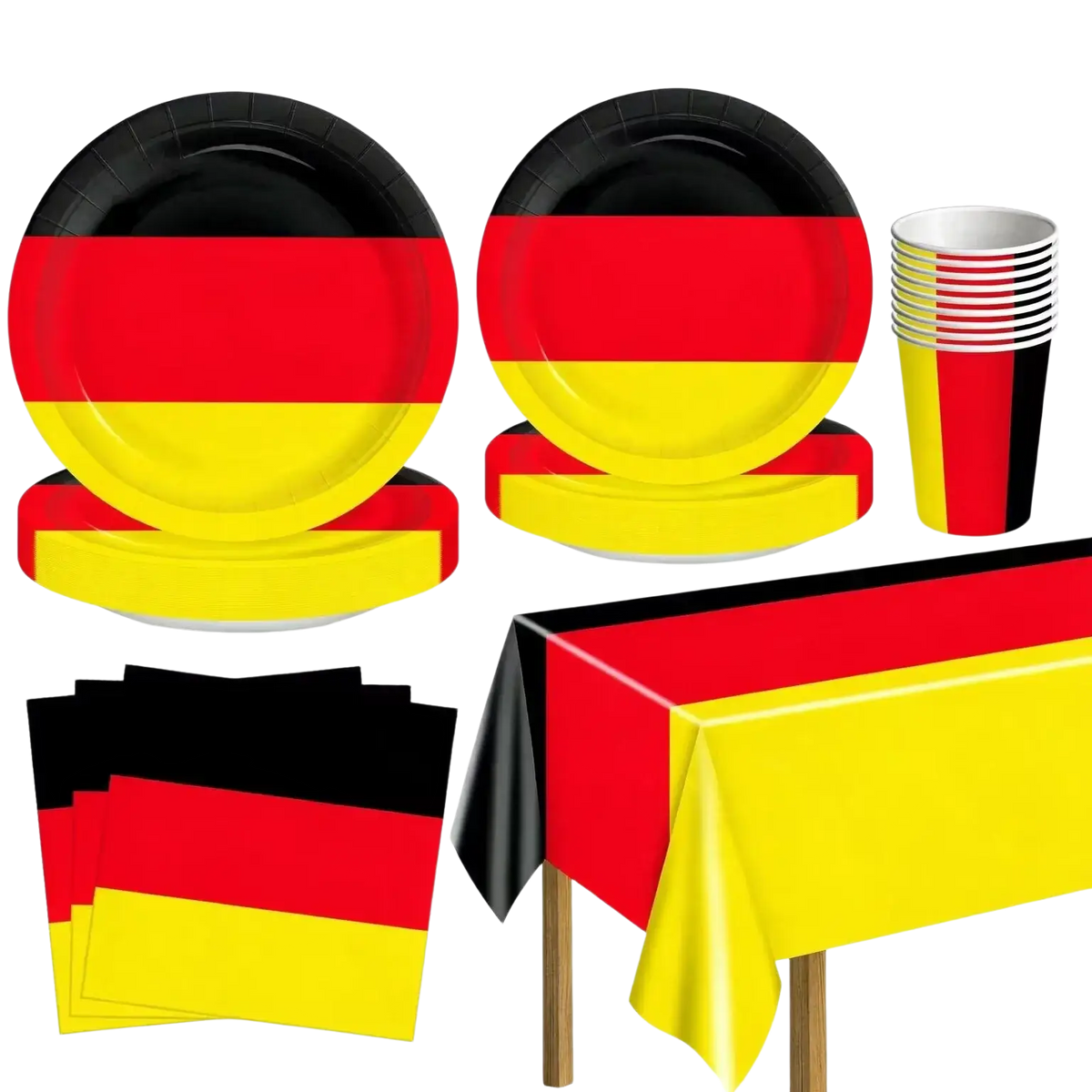 German flag disposable party tableware set featuring paper plates with black red and yellow horizontal stripes