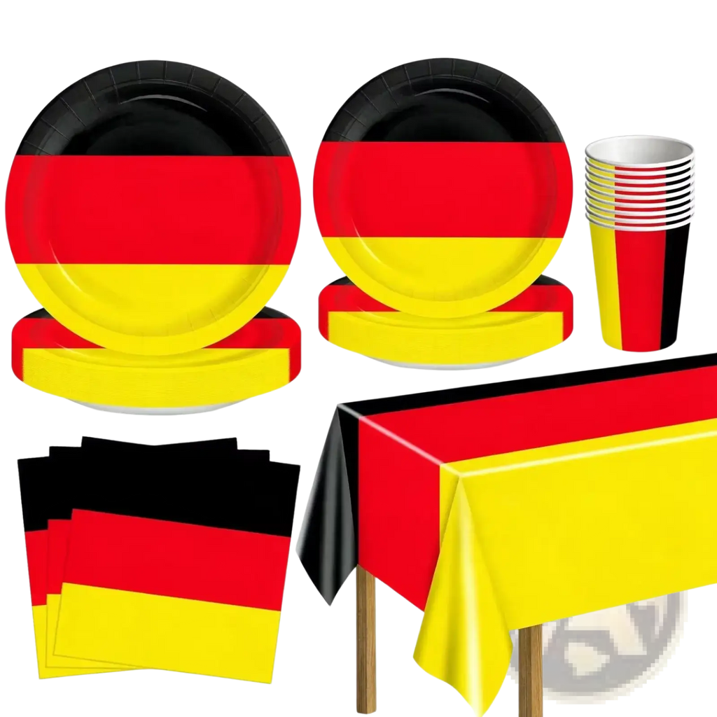 German flag disposable party tableware set featuring paper plates with black red and yellow horizontal stripes