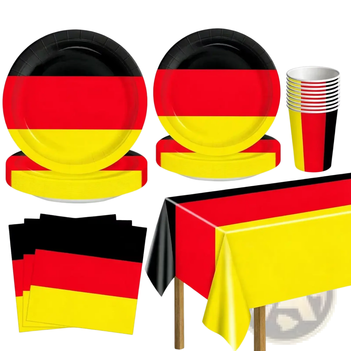 German flag disposable party tableware set featuring paper plates with black red and yellow horizontal stripes