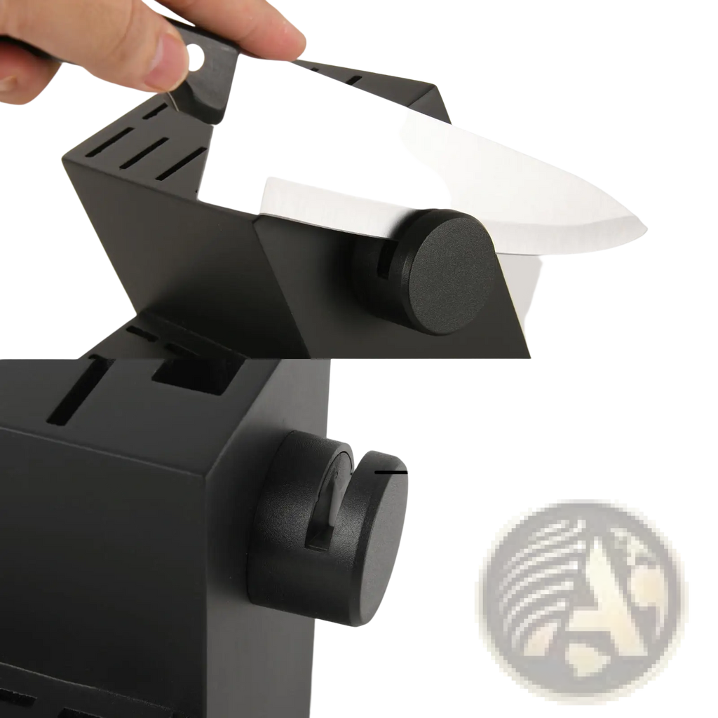 Black german steel knife block with built-in socket sharpener sharpening a silver blade in 19 piece set