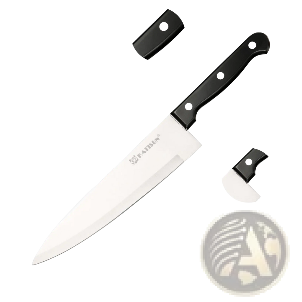 Black-handled chef’s knife with sleek stainless steel blade and ergonomic grip from german steel knife set 19 piece with sharpener block