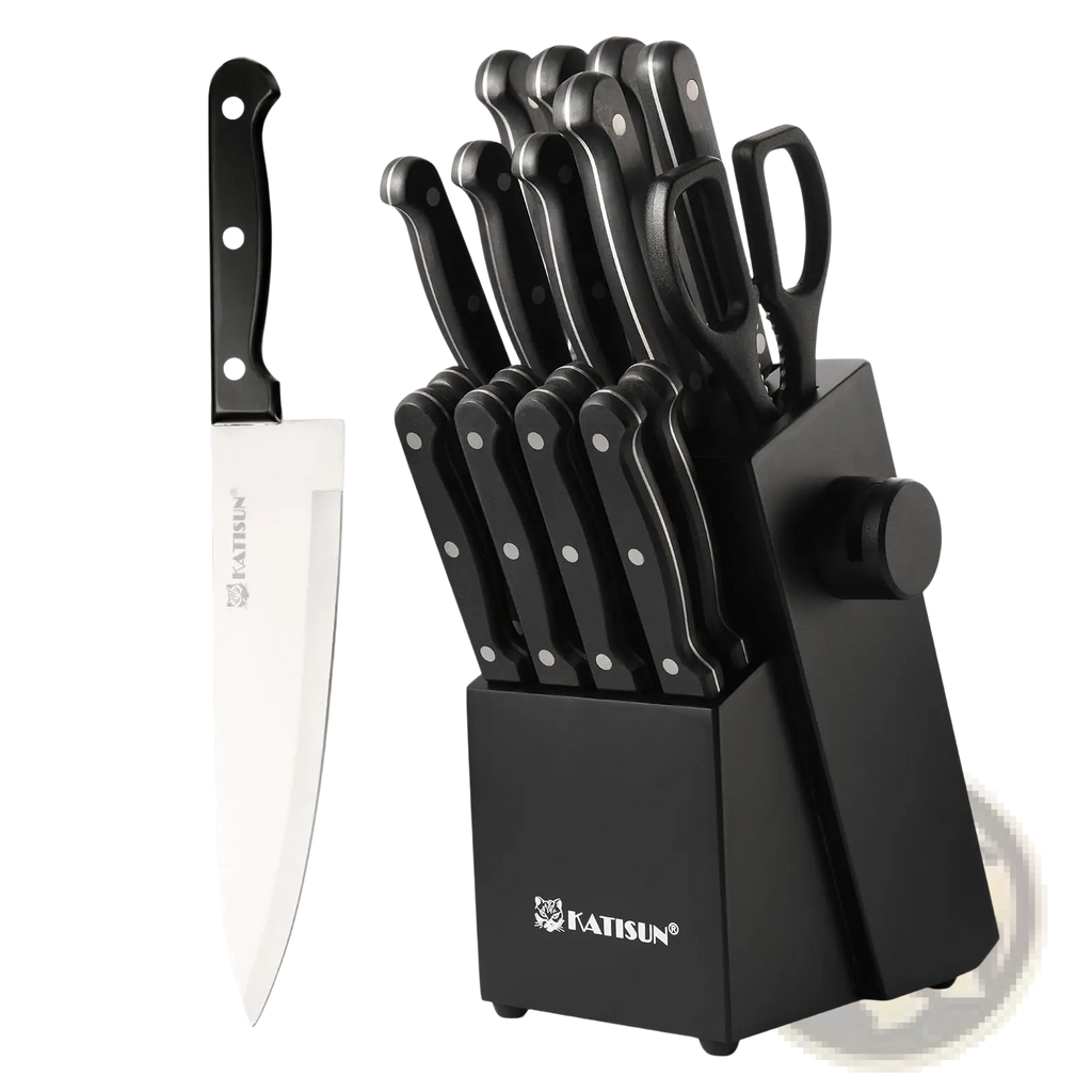 Black-handled German steel knife set 19 piece with stainless steel blades and katisun sharpener block
