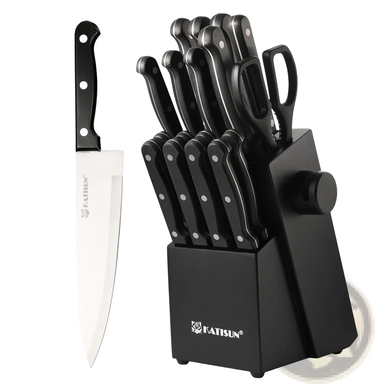 Black-handled German steel knife set 19 piece with stainless steel blades and katisun sharpener block