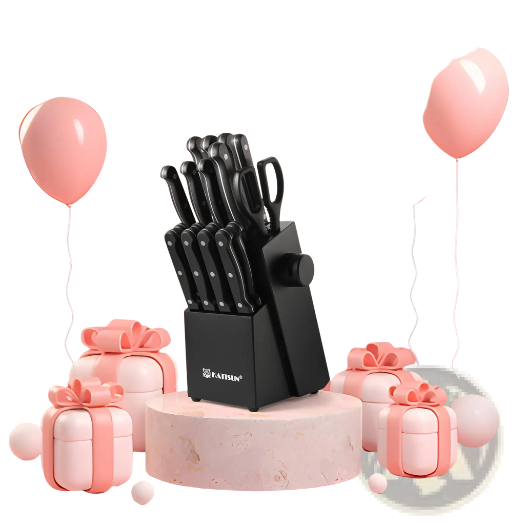 Black fatisun german steel knife set 19 piece with sleek stainless steel blades and sharpener block on marble pedestal