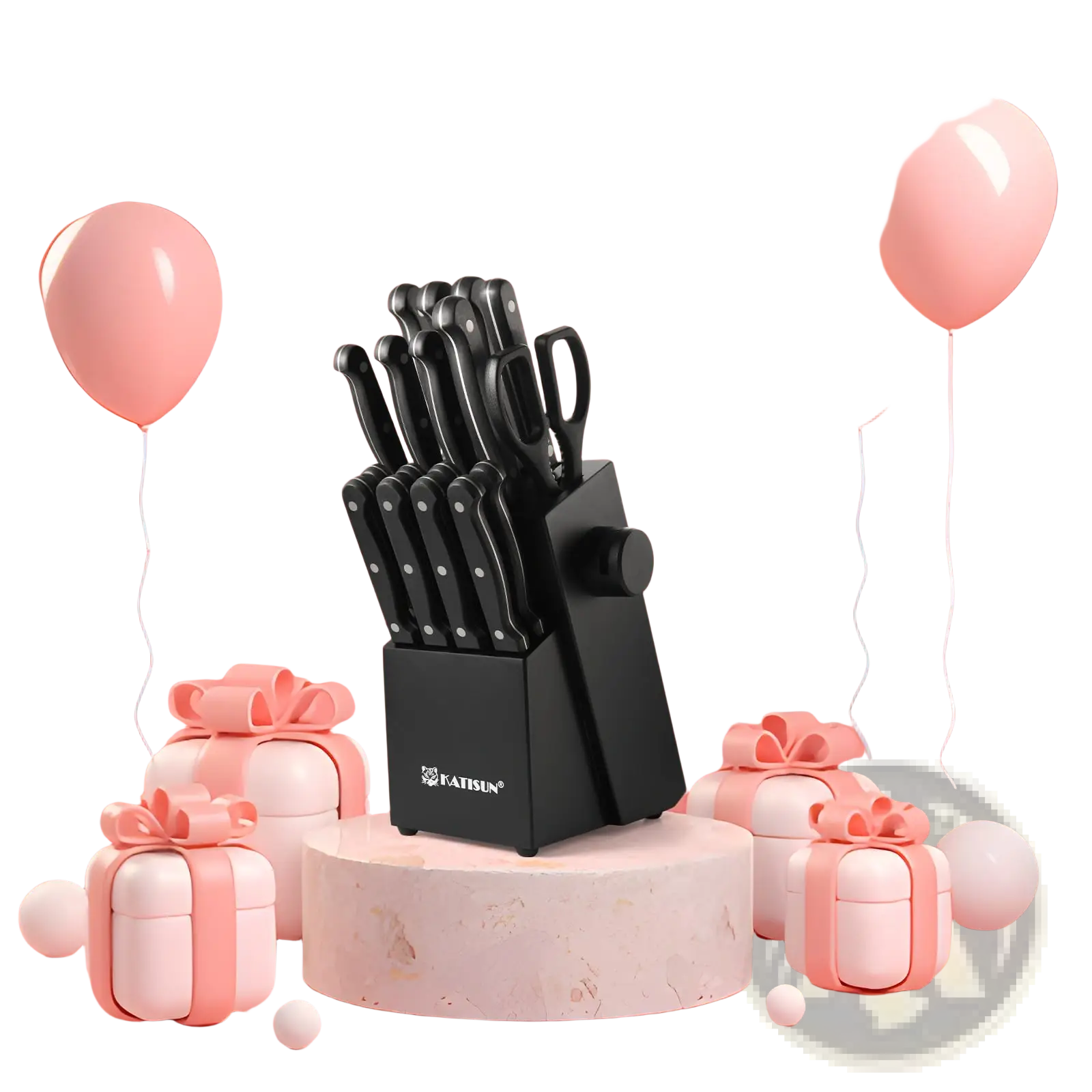 Black fatisun german steel knife set 19 piece with sleek stainless steel blades and sharpener block on marble pedestal