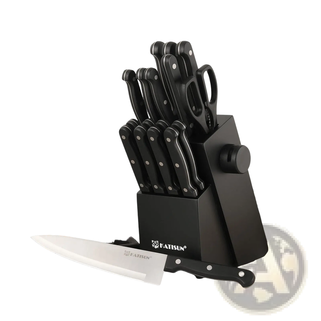 Black katisun german steel knife set 19 piece with sharpener block featuring sleek black handles and stainless steel blades