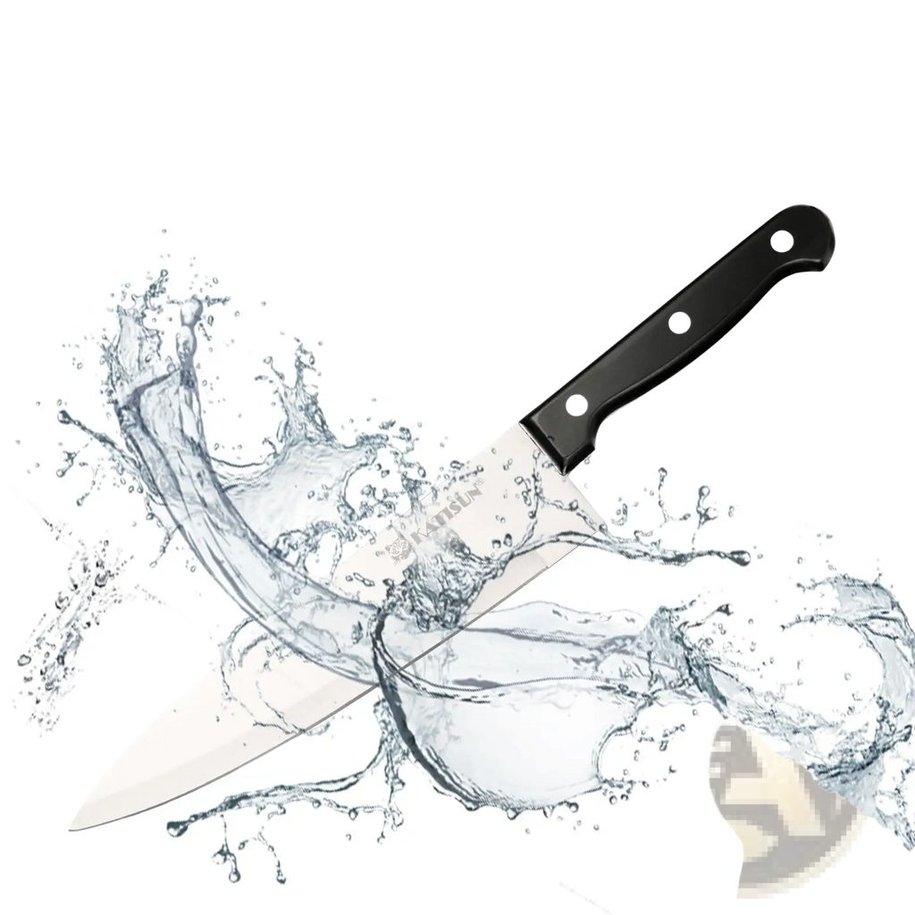 Black-handled German steel kitchen knife with stainless steel blade and kansun brand name near handle in 19 piece set