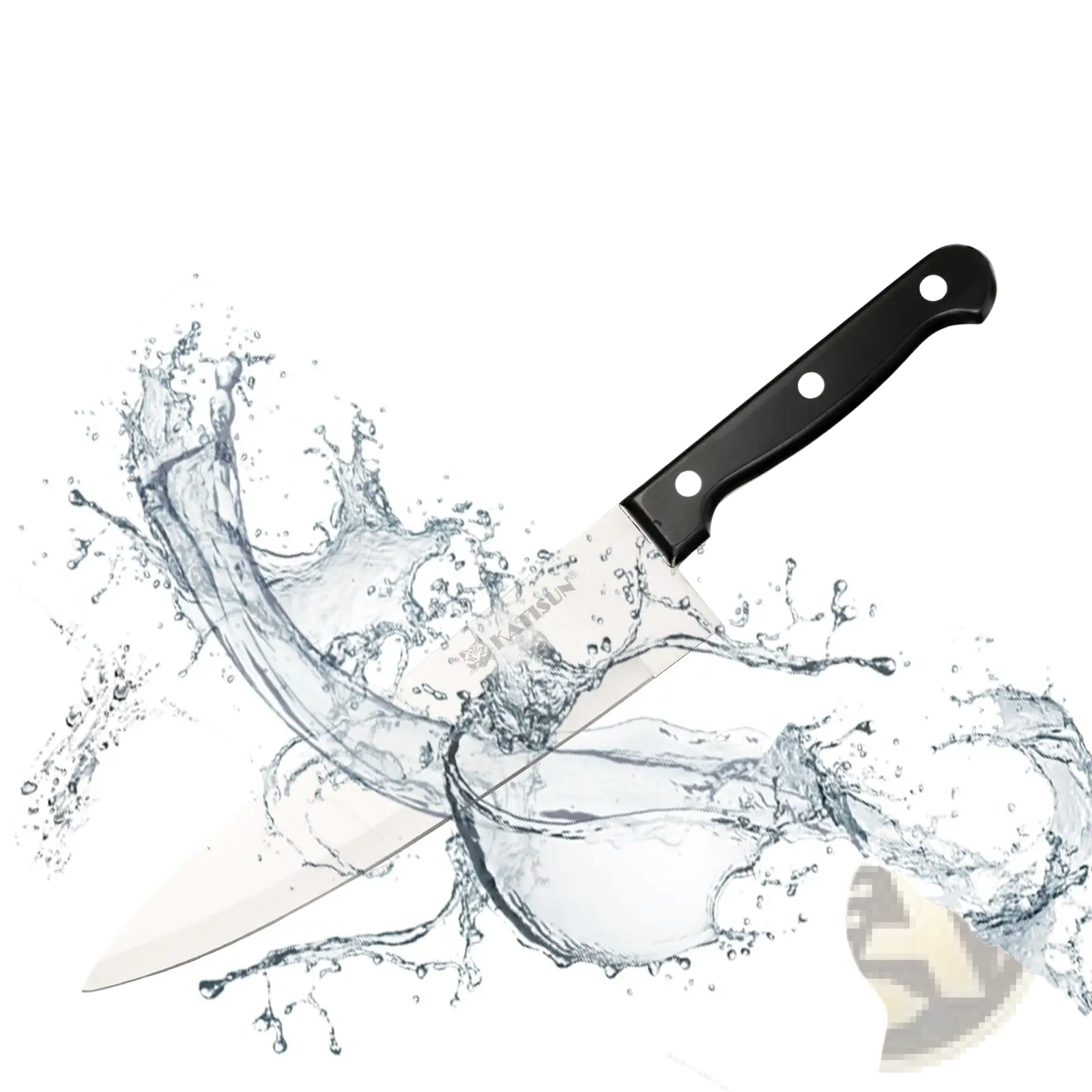 Black-handled German steel kitchen knife with stainless steel blade and kansun brand name near handle in 19 piece set