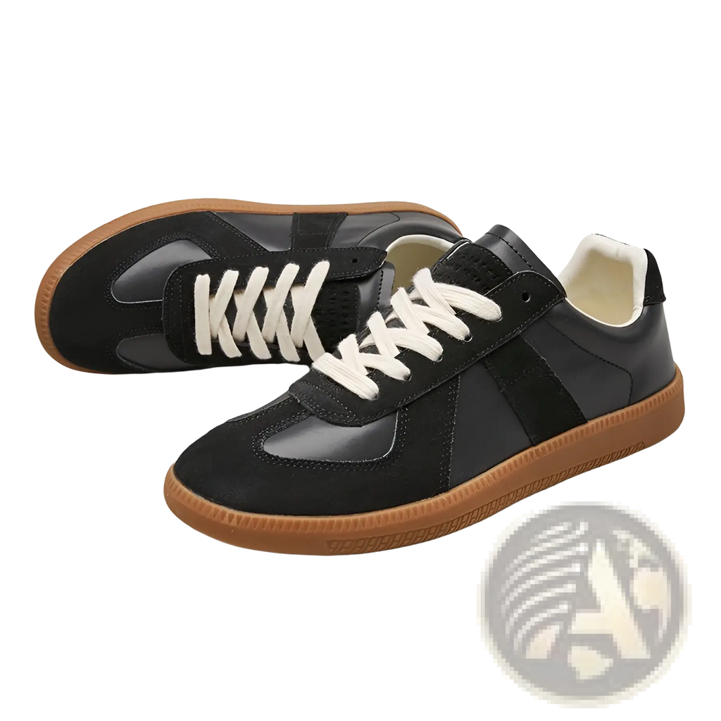 German training shoes men’s leather casual sneakers in black and tan with white laces and smooth leather suede panels
