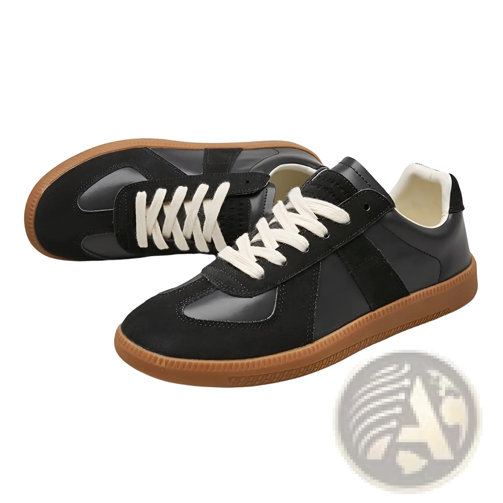 German training shoes men’s leather casual sneakers in black and tan with white laces and smooth leather suede panels