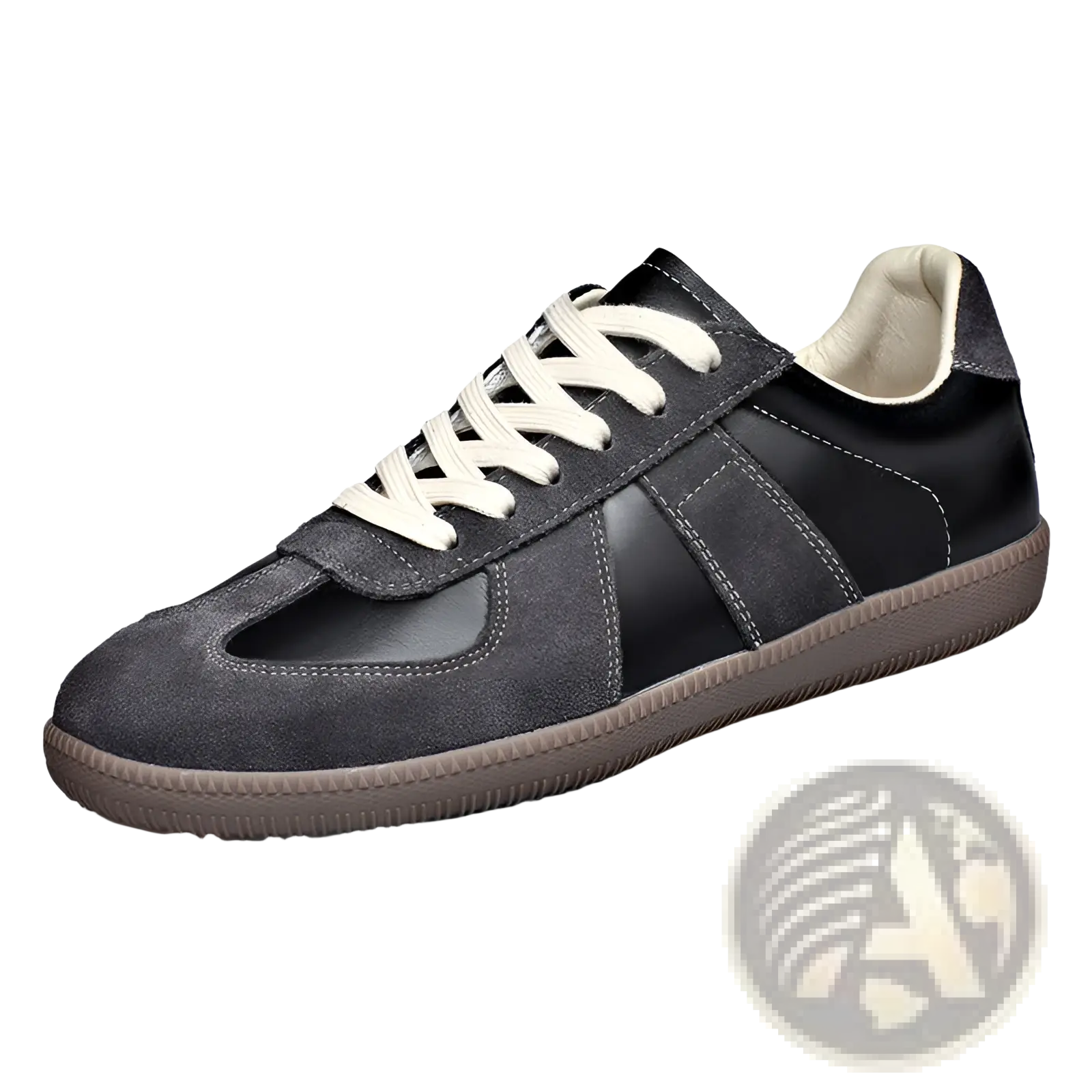 German training shoes men’s leather casual sneaker in black suede and leather with white laces and brown rubber sole