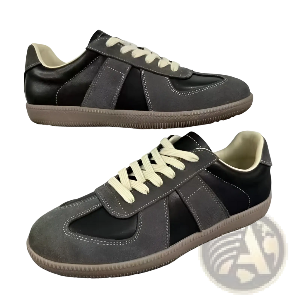 Black and gray suede german training shoes men’s leather casual sneakers with cream-colored laces
