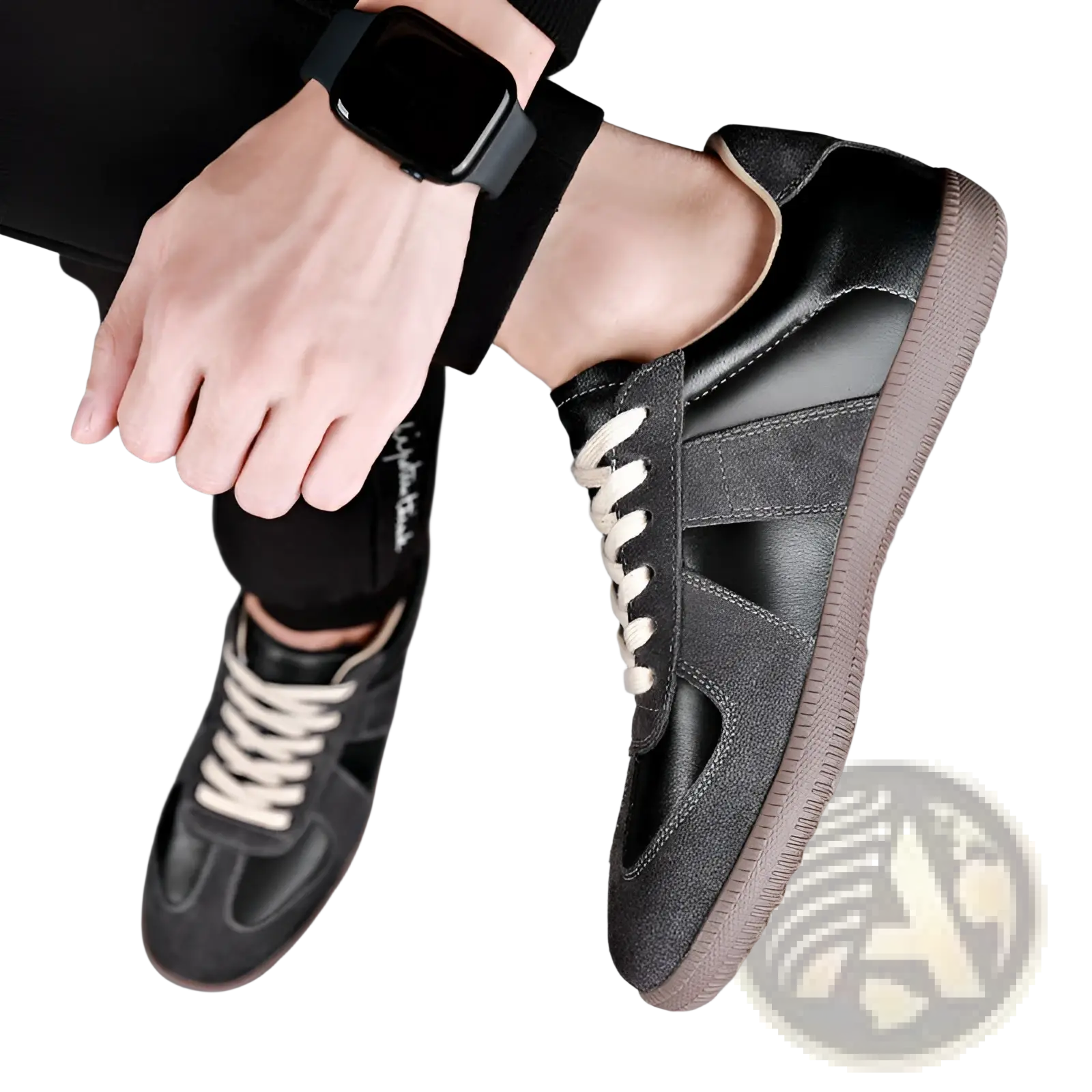 German training shoes men’s leather casual sneakers in black with white laces and tan rubber sole for everyday wear