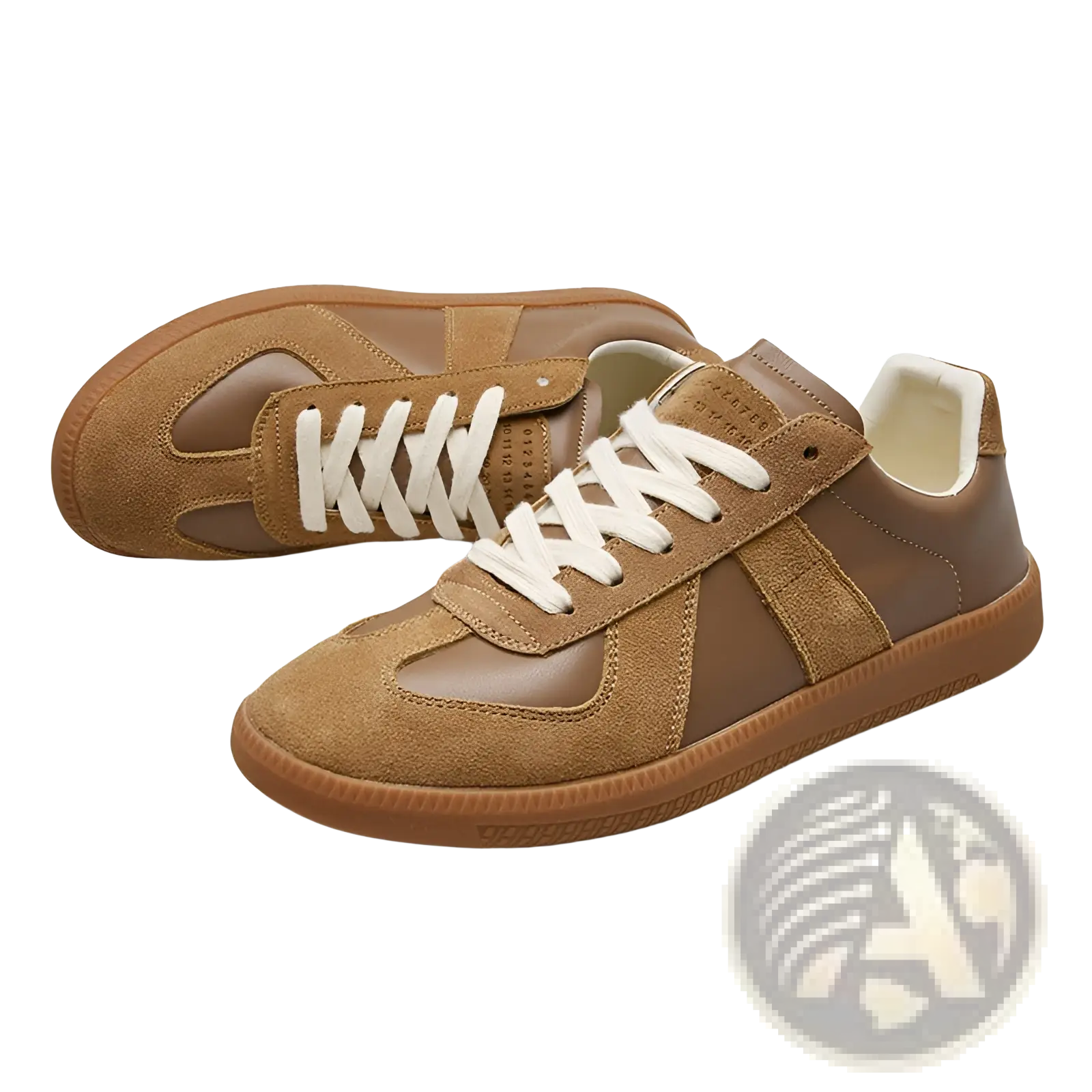 Tan and brown suede and leather low-top German training shoes mens casual sneakers with white laces