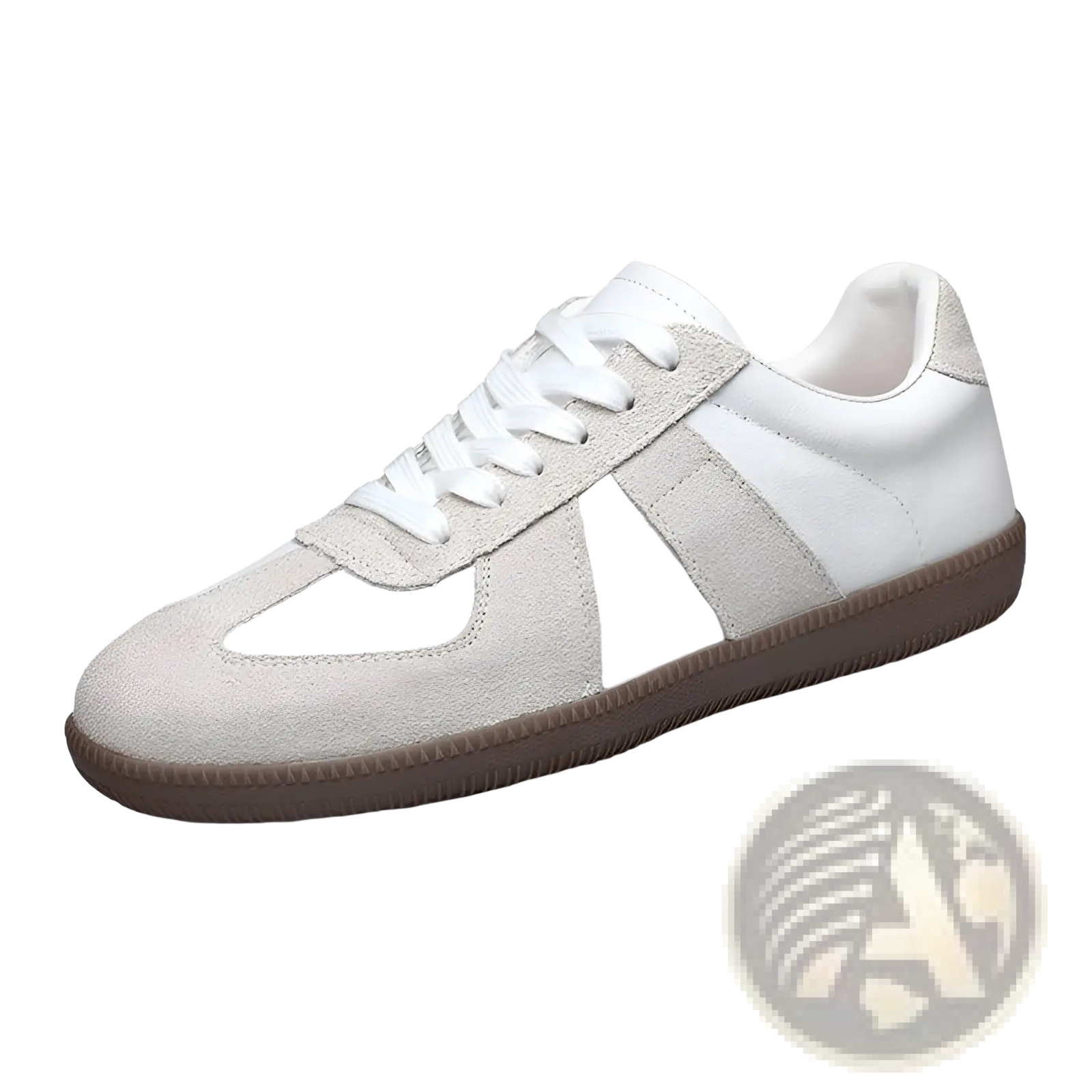 German training shoes men’s leather casual sneakers in white and beige suede with brown rubber sole shown from the back