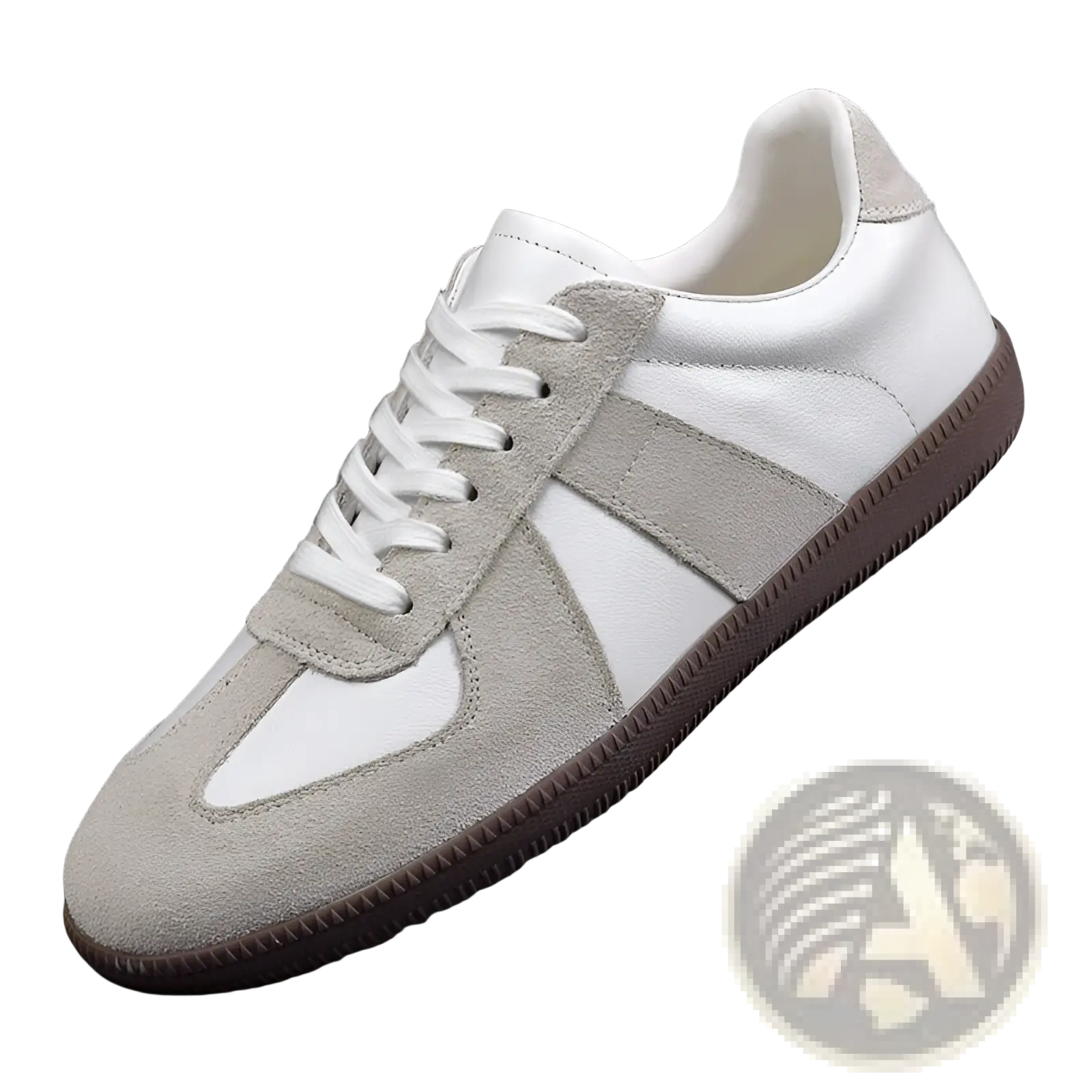 White and gray suede german training shoes men’s leather casual sneakers with a brown rubber sole side view