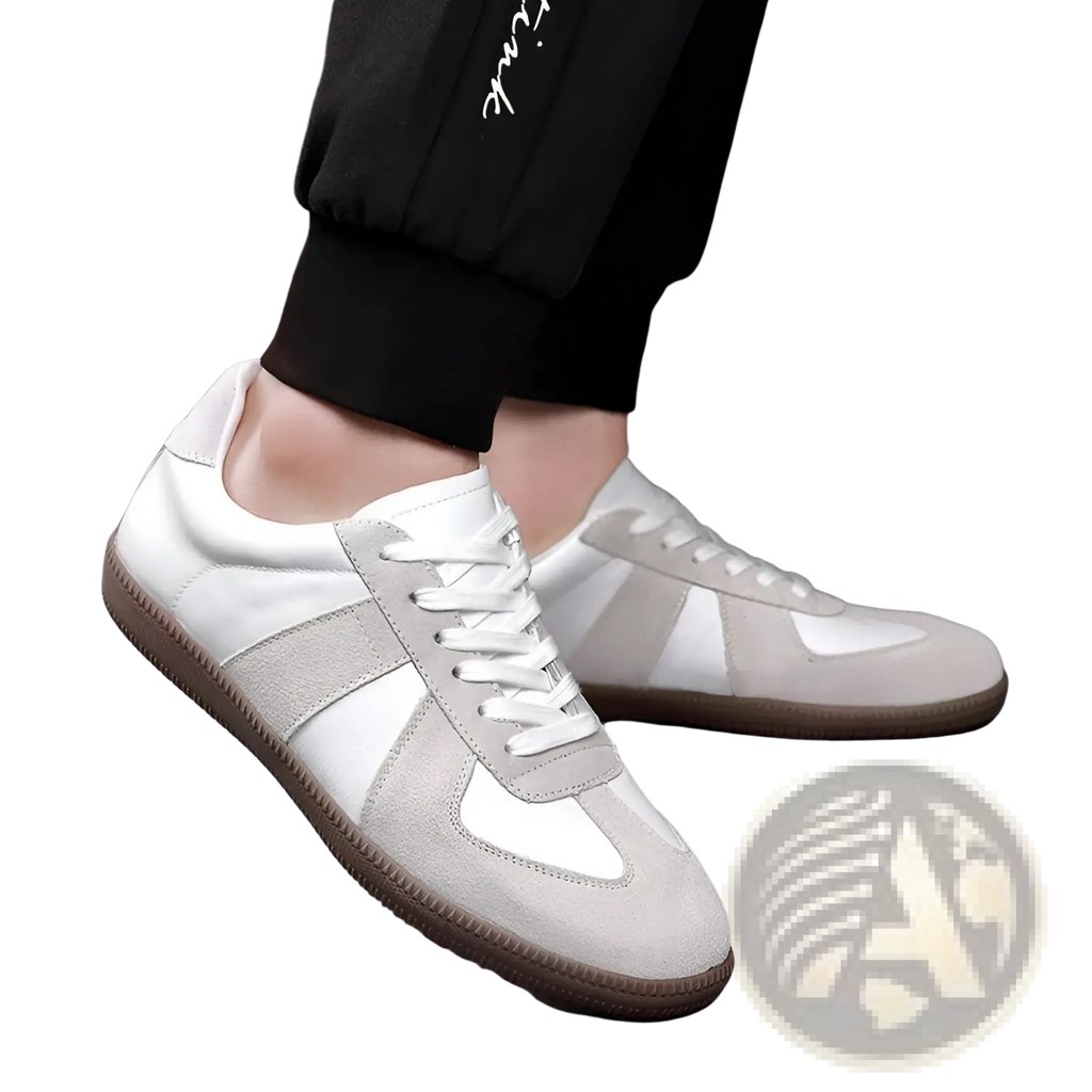 German training shoes men’s leather casual sneakers in white and light gray suede with a brown rubber sole