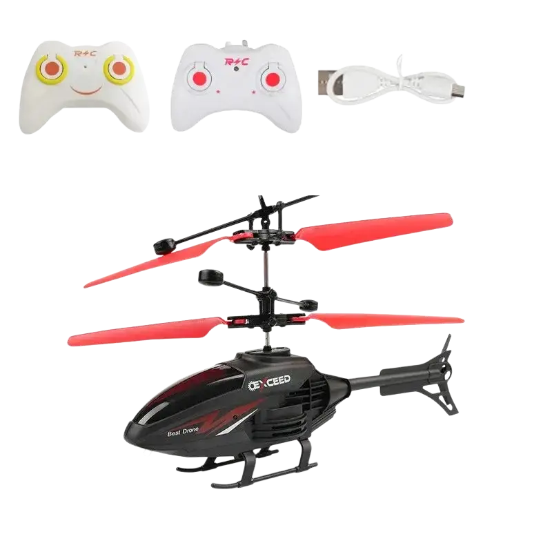 Gesture control exceed brand rc helicopter in black and red with red propellers and led lighting for channel functionality