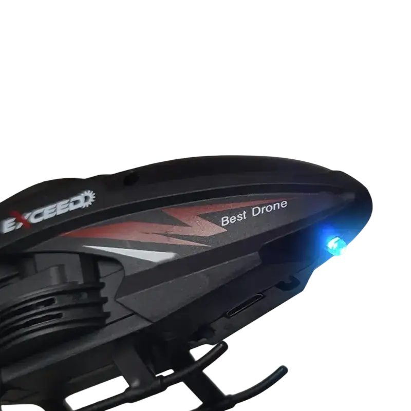 Gesture control rc helicopter with led lighting featuring a black and red exceed toy drone with blue front led light