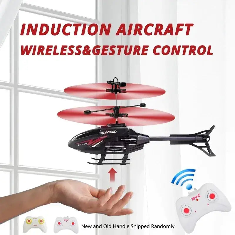 Gesture control rc helicopter in black and red with led lighting and multi channel functionality for wireless control