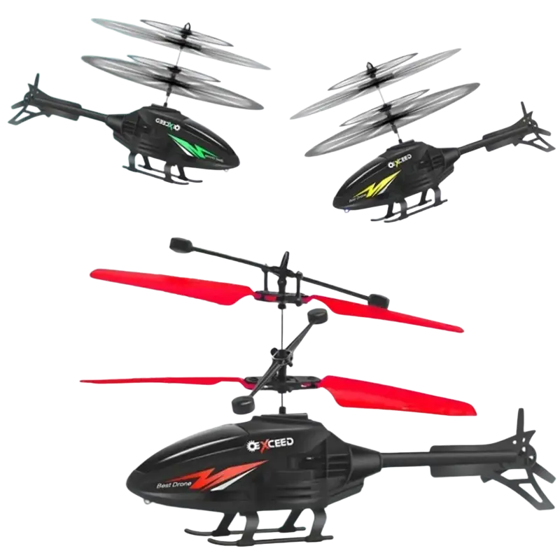 Black oxceed remote control helicopter with red and green accents featuring 2-channel gesture control technology