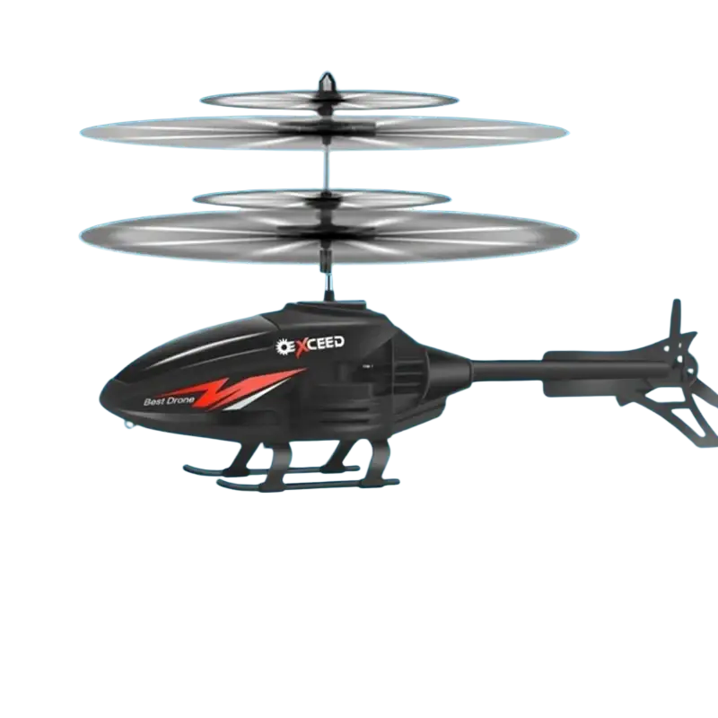Black exceed remote control gesture control helicopter with silver rotor blades hovering above an open palm