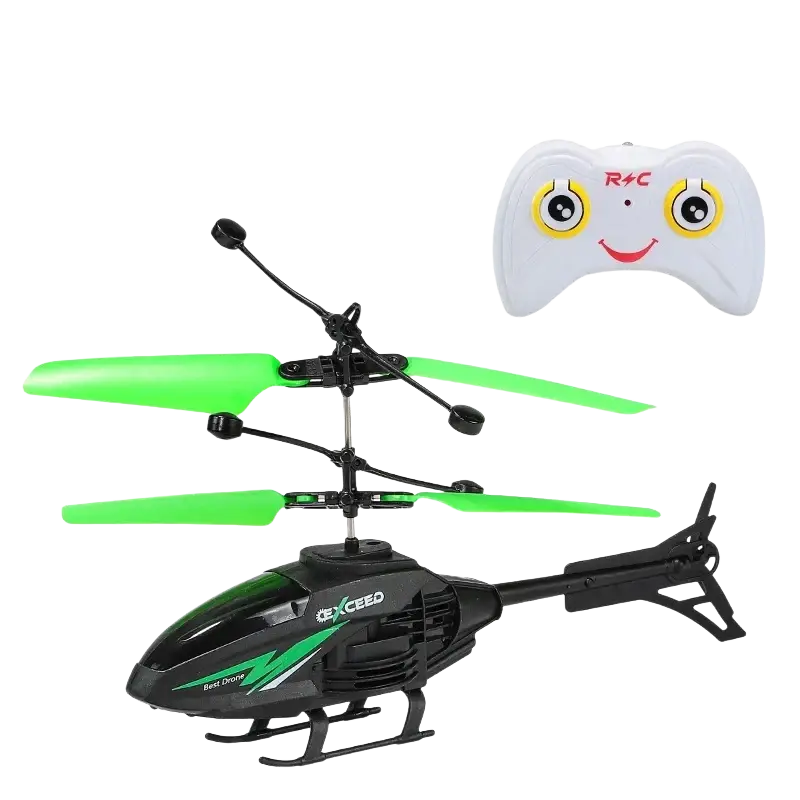 Black and green remote control helicopter with white gesture control 2-channel controller featuring cartoon eyes and smile