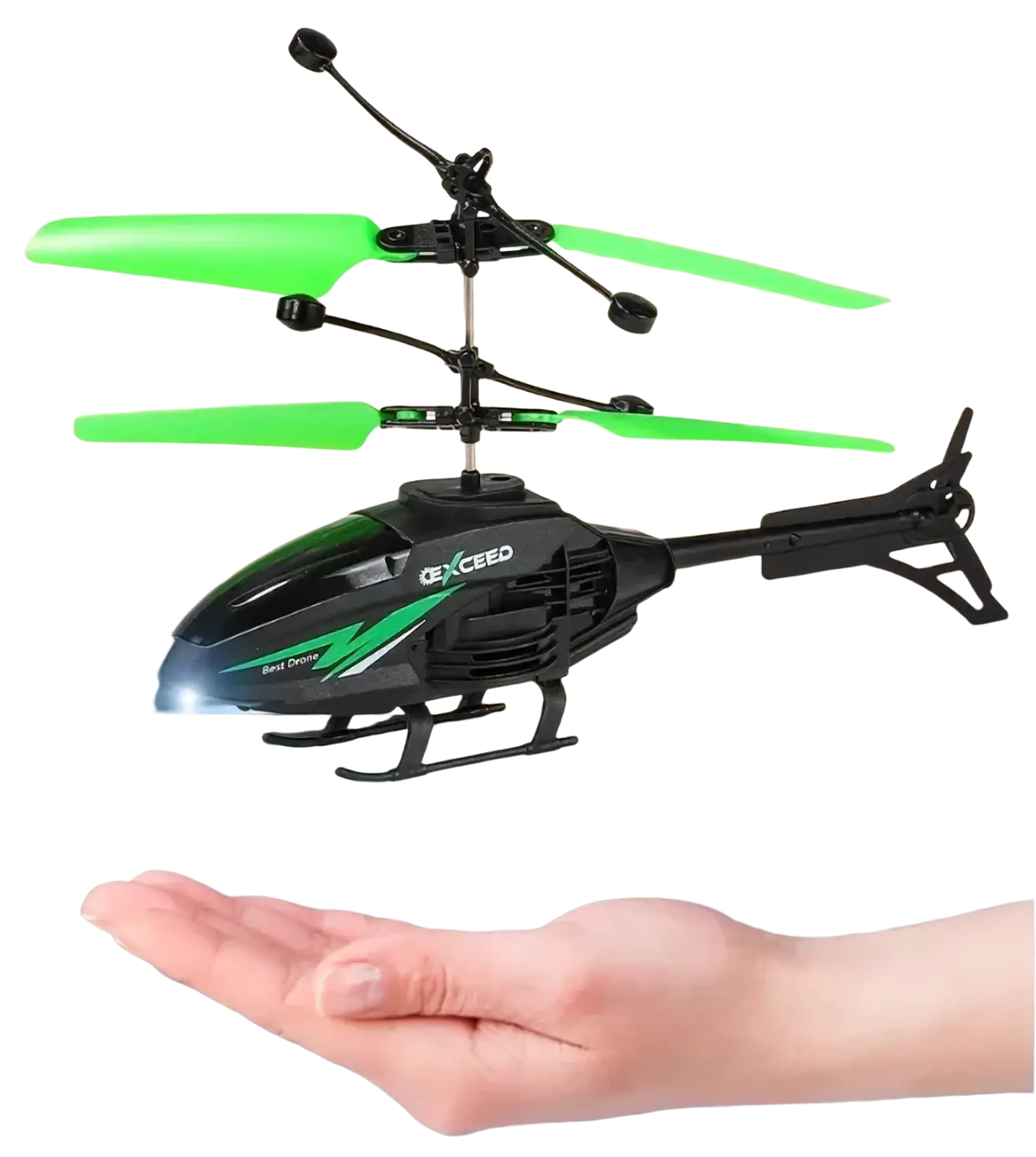 Gesture control remote control helicopter black and green with glowing green blades hovering above hand 2-channel gesture control