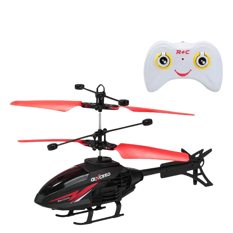 Black and red remote control helicopter with 2-channel gesture control and smiling face controller for easy flying