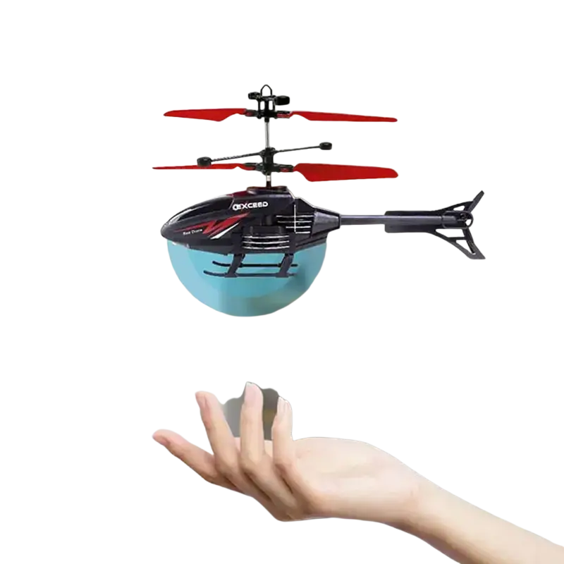 Black and red remote control helicopter with transparent blue hover sphere featuring 2-channel gesture control
