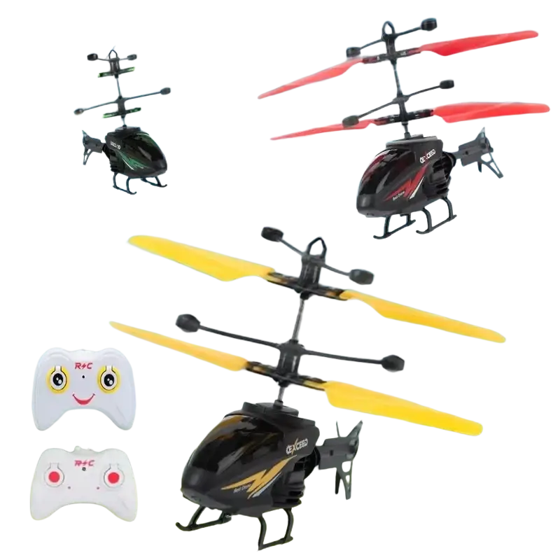 Black and yellow gesture control remote control helicopters with colorful propellers featuring 2-channel control