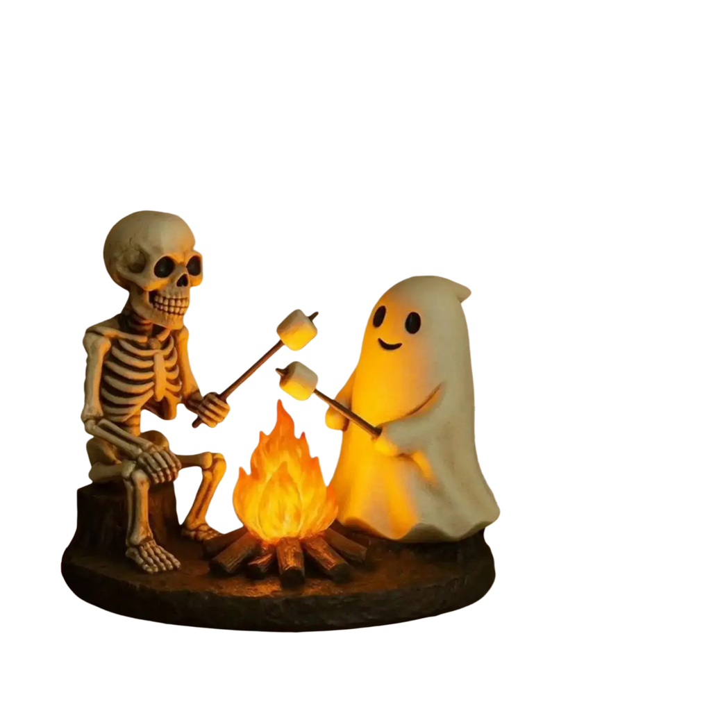 Ghost bonfire night lamp featuring a glowing skeleton ghost and ghost figurine roasting marshmallows halloween decor