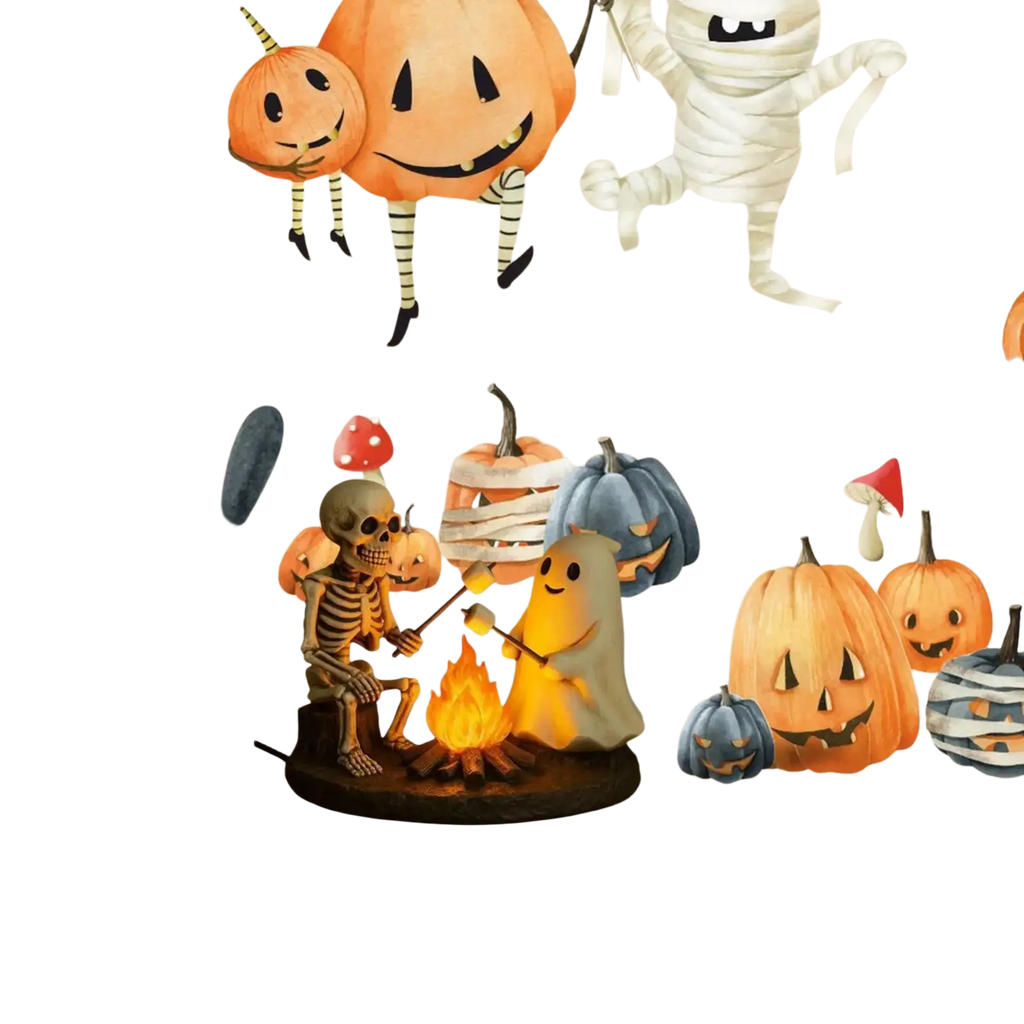 Ghost bonfire night lamp featuring a glowing skeleton ghost and marshmallow roasting halloween decor with pumpkins