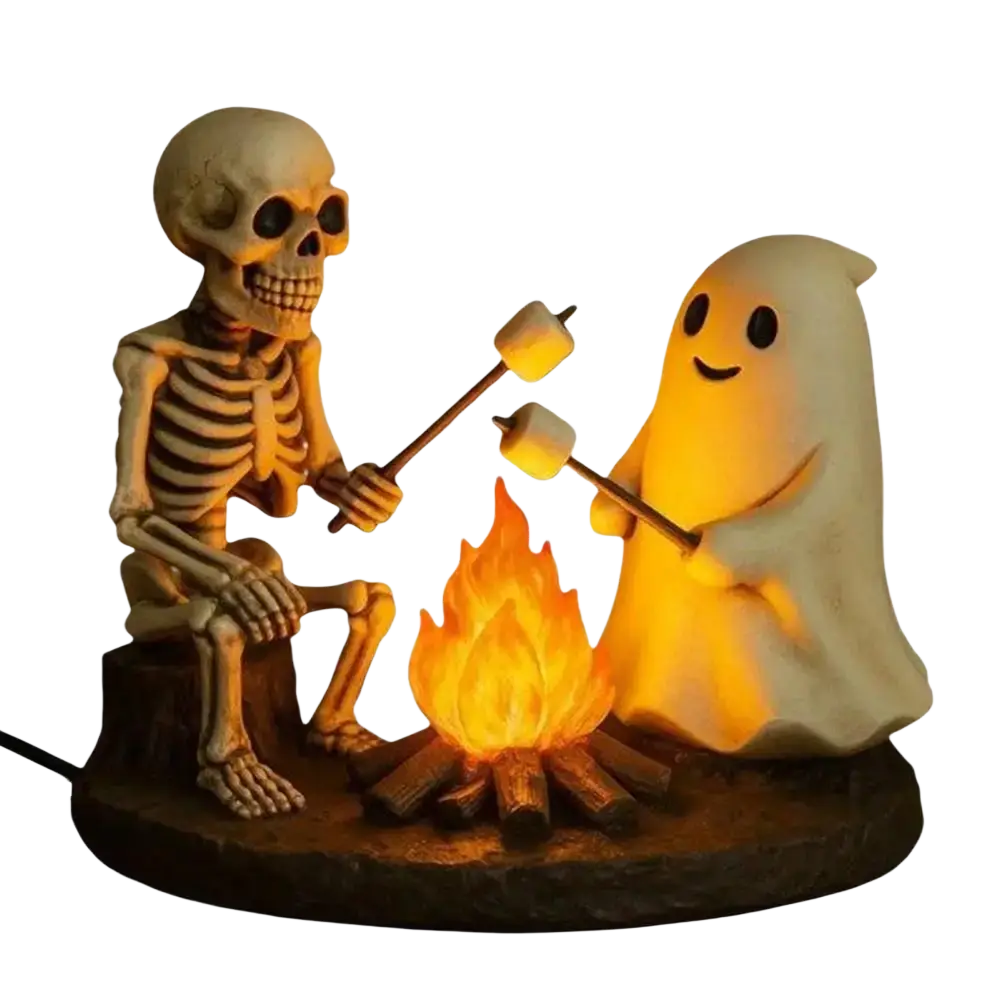 A glowing halloween-themed ghost bonfire night lamp featuring a skeleton ghost roasting marshmallows with warm orange light