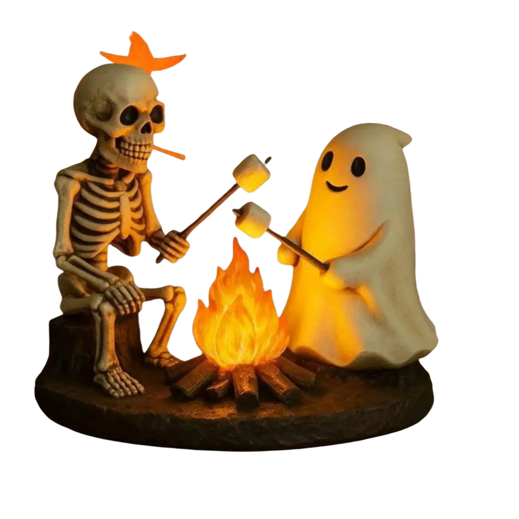Halloween-themed led night lamp ghost bonfire featuring a skeleton ghost figurine roasting marshmallows in warm light