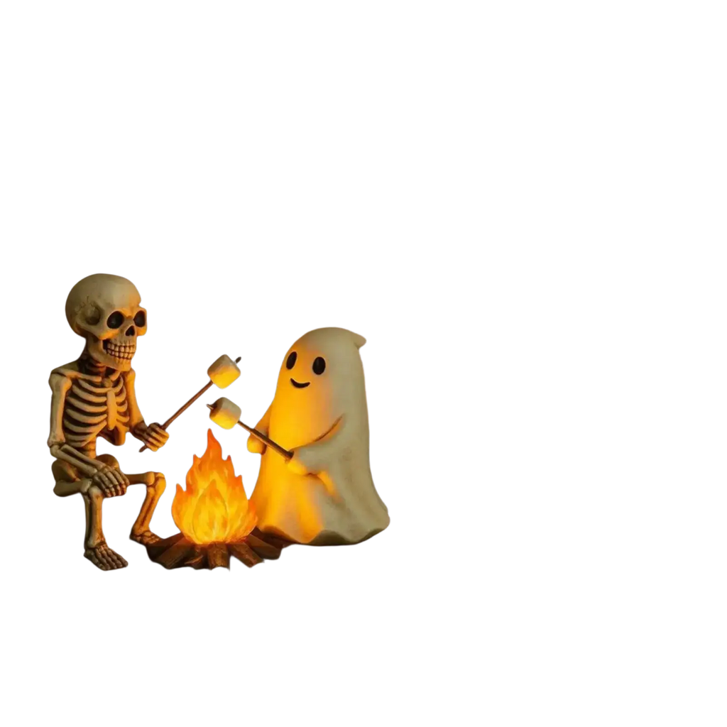 White glowing ghost bonfire night lamp with smiling face sitting beside skeleton ghost at campfire halloween decor